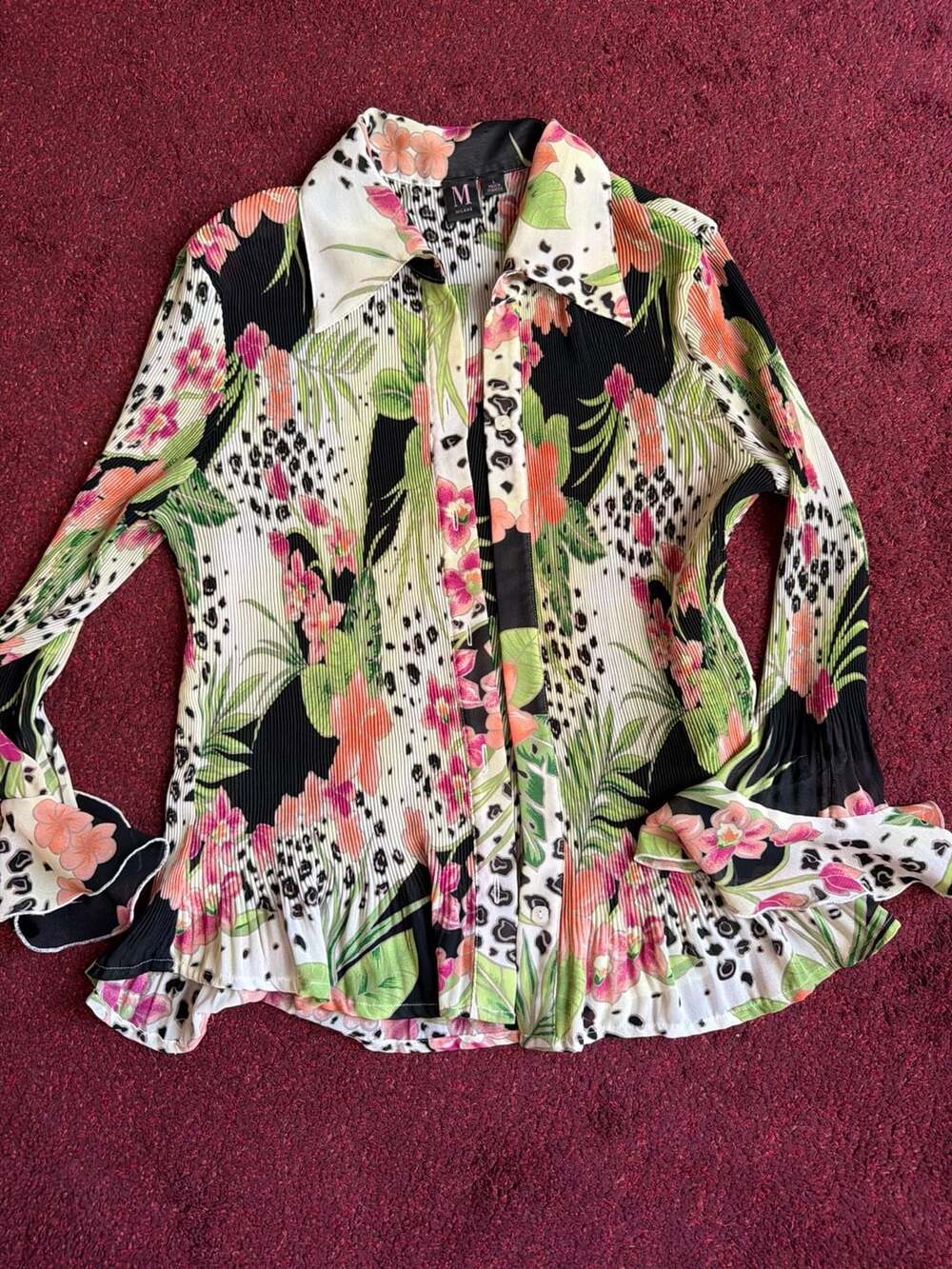 M Milano Y2K Floral Leopard Print Crinkle Chiffon Ruffle Button-Up Blouse